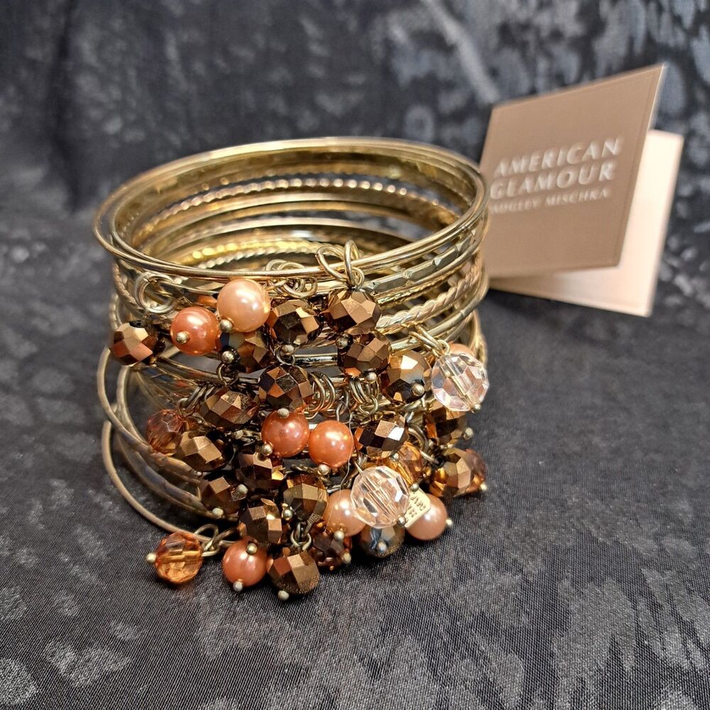 Amercian Glamour Badgley Mischka Gold-tone Bangle Braceletwith Dangling Beads...